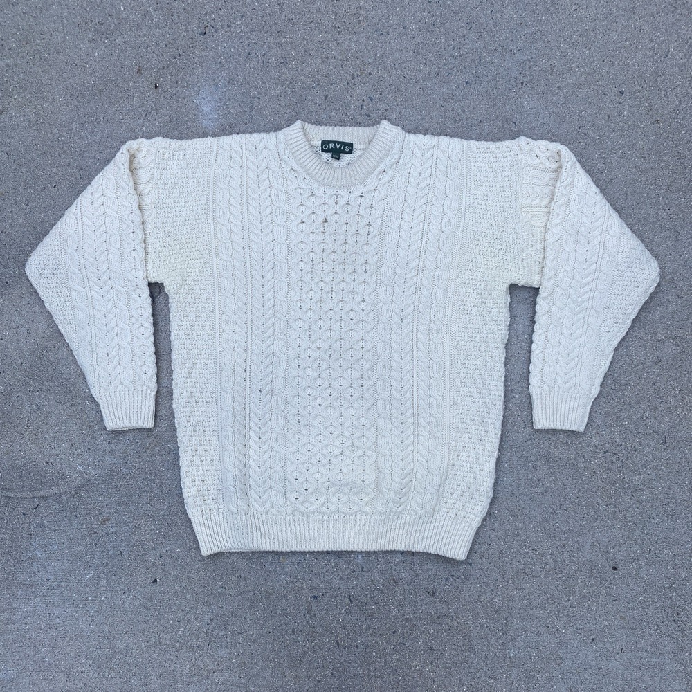 Orvis Wool FIsherman's Sweater Aran Style Made in Ireland Cream Knit Large